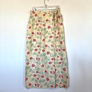 NWT 100% silk Vtg wrap front straight maxi skirt Hawaiian floral yellow 12